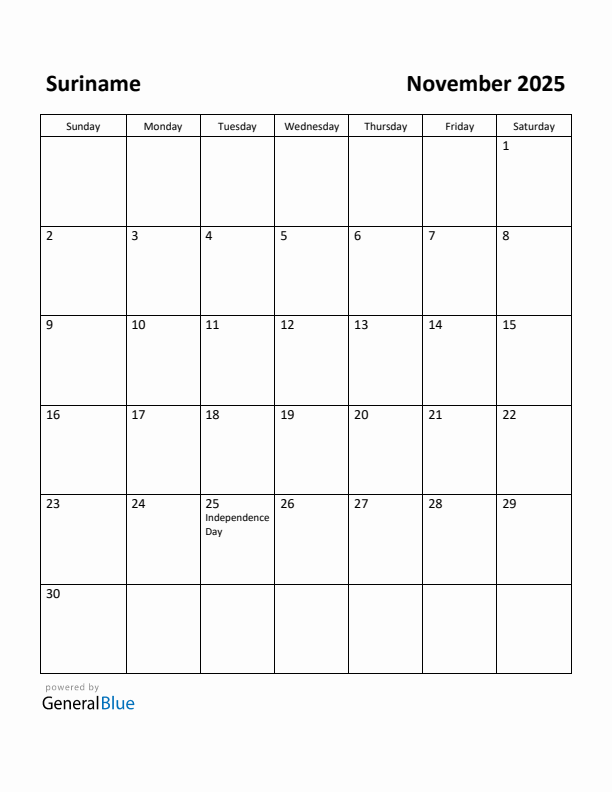 November 2025 Calendar with Suriname Holidays