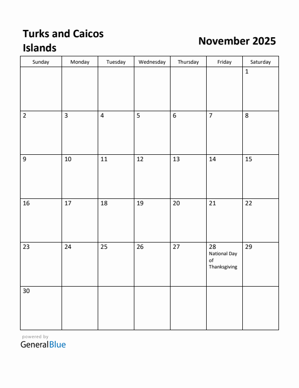 November 2025 Calendar with Turks and Caicos Islands Holidays