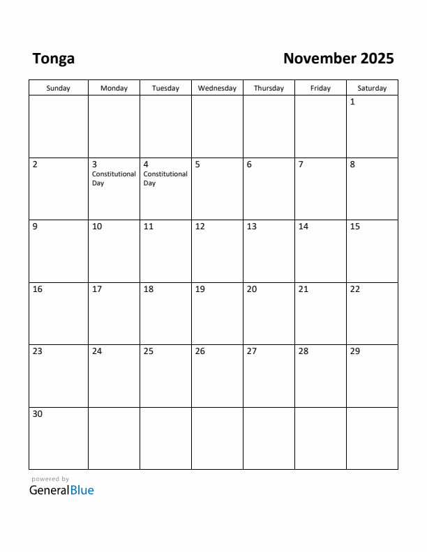 November 2025 Calendar with Tonga Holidays