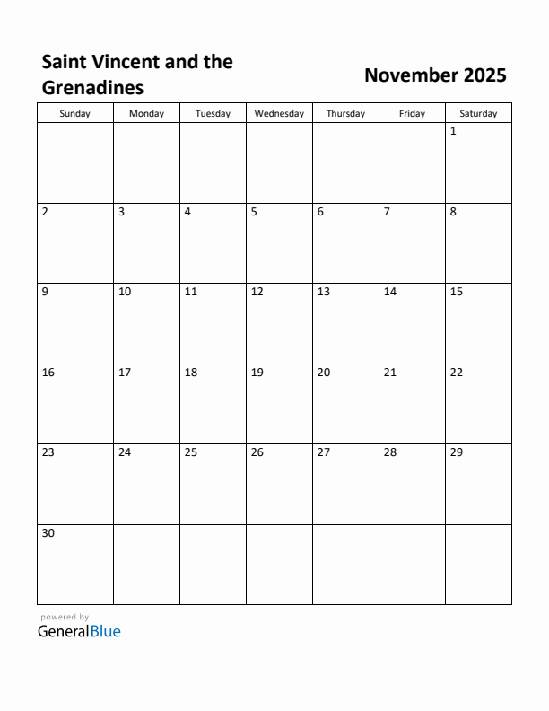 November 2025 Calendar with Saint Vincent and the Grenadines Holidays