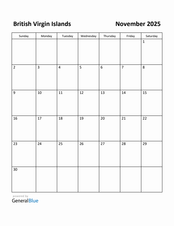 November 2025 Calendar with British Virgin Islands Holidays