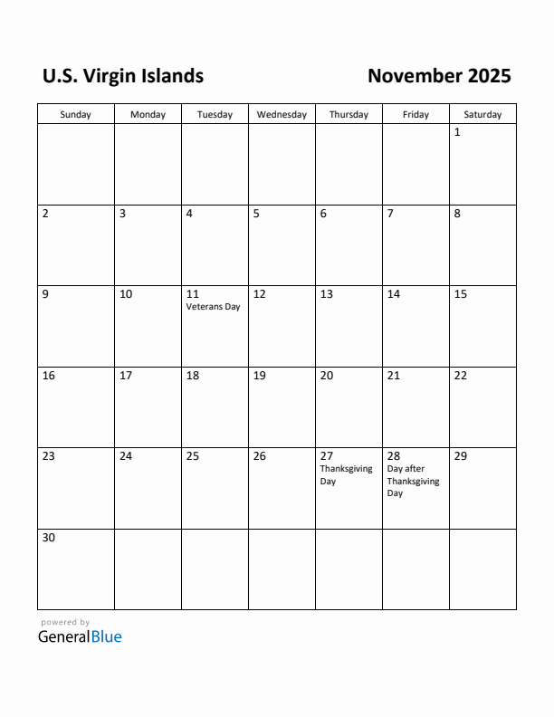 November 2025 Calendar with U.S. Virgin Islands Holidays