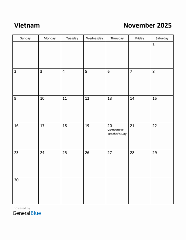 November 2025 Calendar with Vietnam Holidays