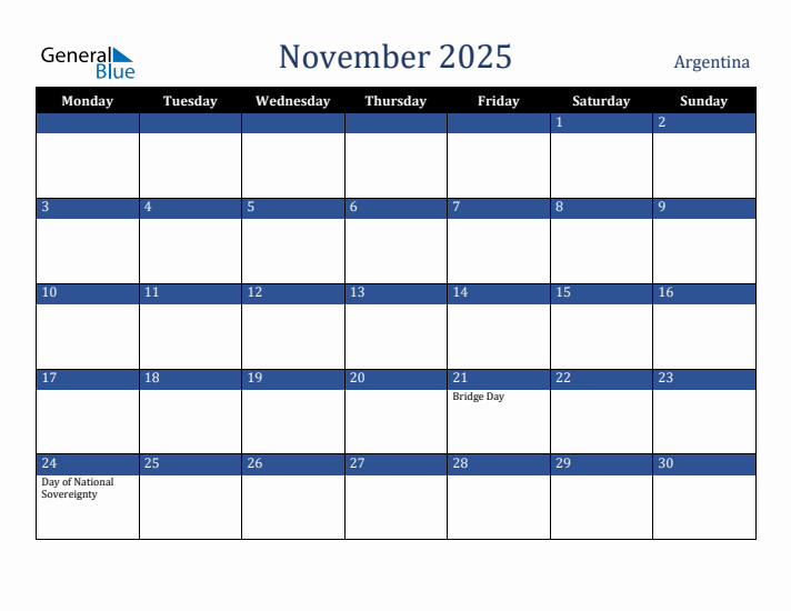 November 2025 Argentina Calendar (Monday Start)
