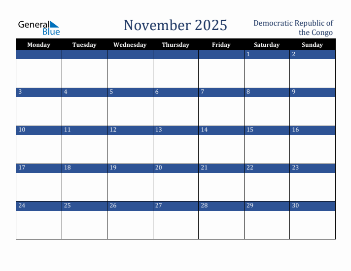 November 2025 Democratic Republic of the Congo Calendar (Monday Start)