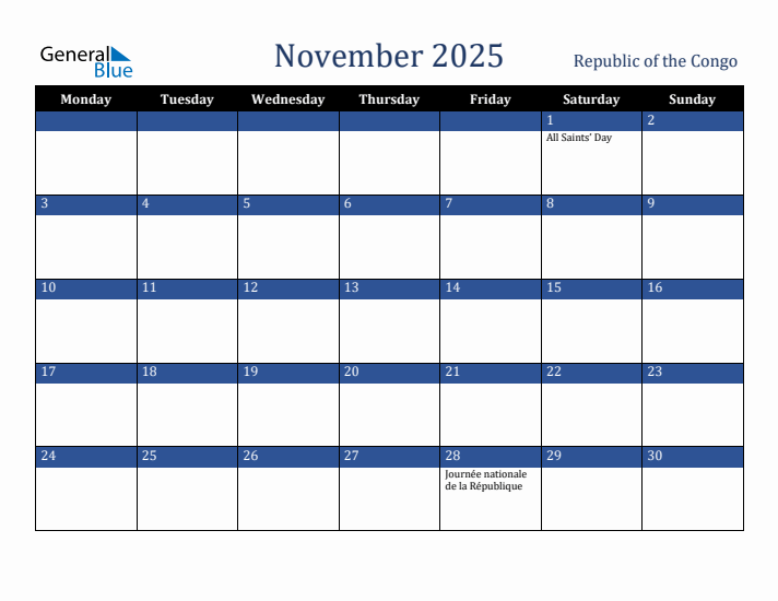 November 2025 Republic of the Congo Calendar (Monday Start)