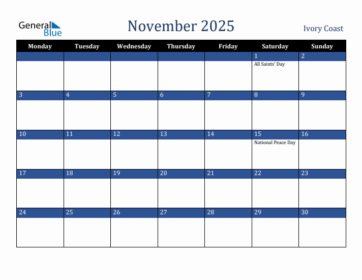November 2025 Ivory Coast Calendar (Monday Start)