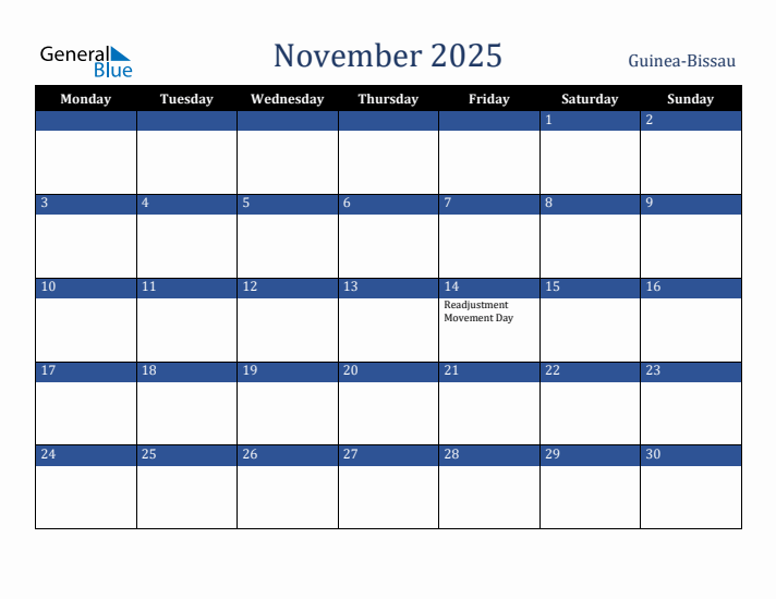 November 2025 Guinea-Bissau Calendar (Monday Start)