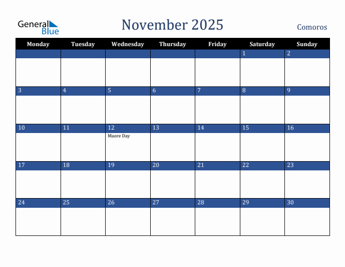 November 2025 Comoros Calendar (Monday Start)