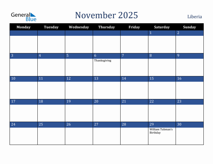 November 2025 Liberia Calendar (Monday Start)