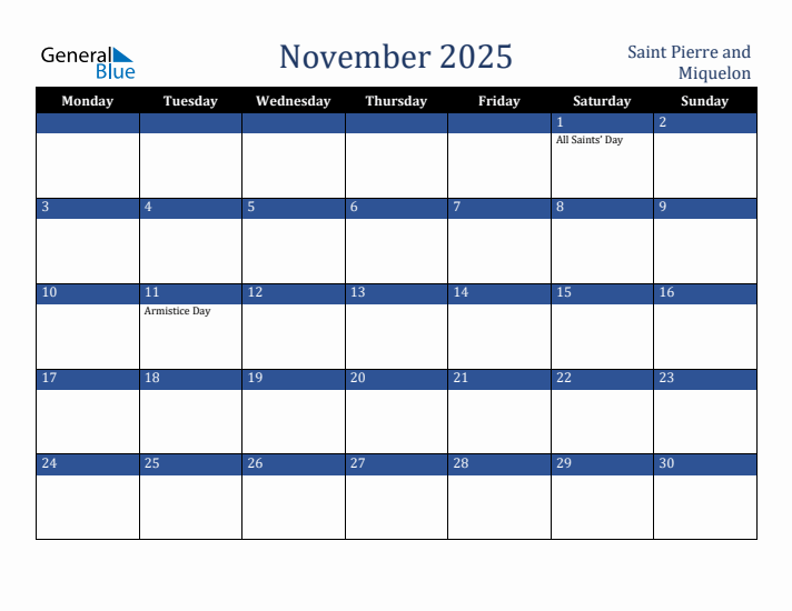 November 2025 Saint Pierre and Miquelon Calendar (Monday Start)