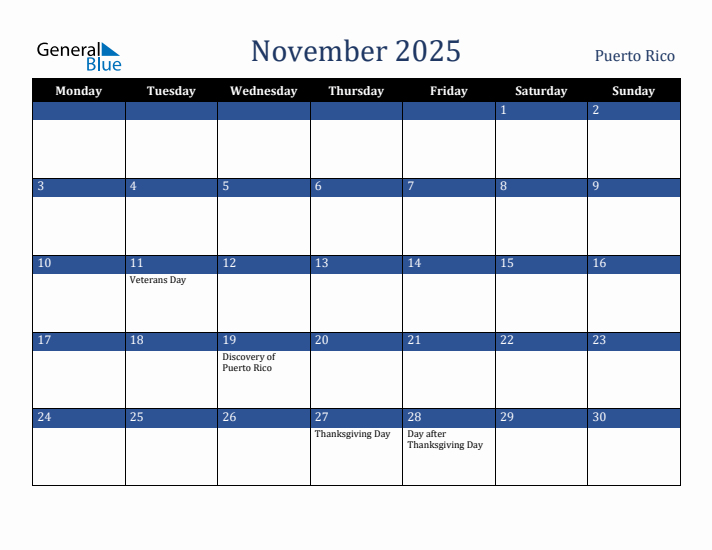 November 2025 Puerto Rico Calendar (Monday Start)