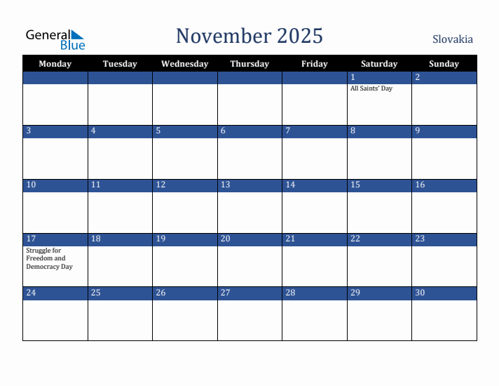 November 2025 Slovakia Calendar (Monday Start)