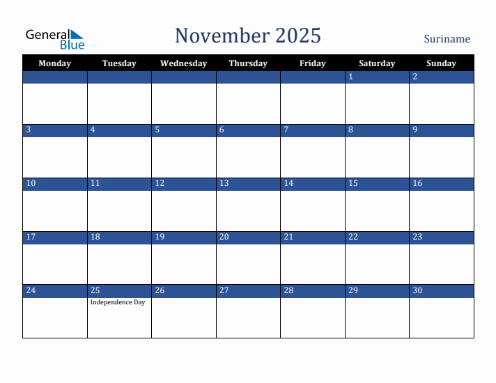 November 2025 Suriname Calendar (Monday Start)