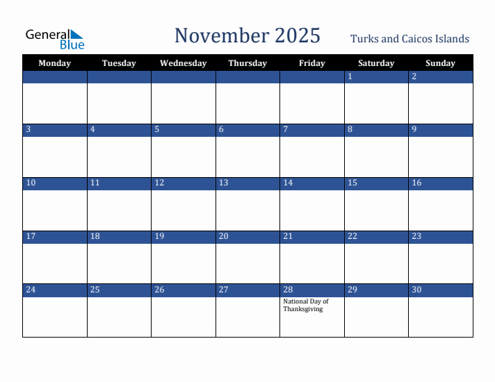 November 2025 Turks and Caicos Islands Calendar (Monday Start)