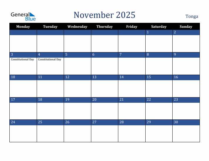 November 2025 Tonga Calendar (Monday Start)