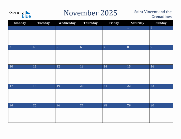 November 2025 Saint Vincent and the Grenadines Calendar (Monday Start)