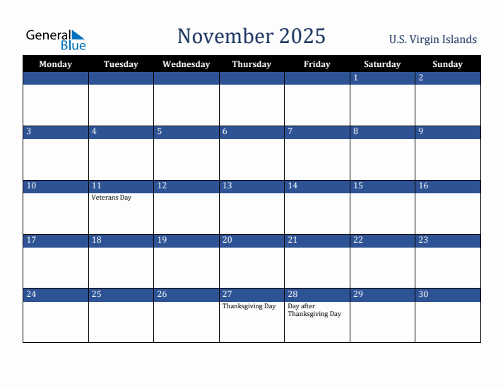 November 2025 U.S. Virgin Islands Calendar (Monday Start)