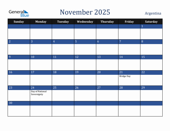 November 2025 Argentina Calendar (Sunday Start)