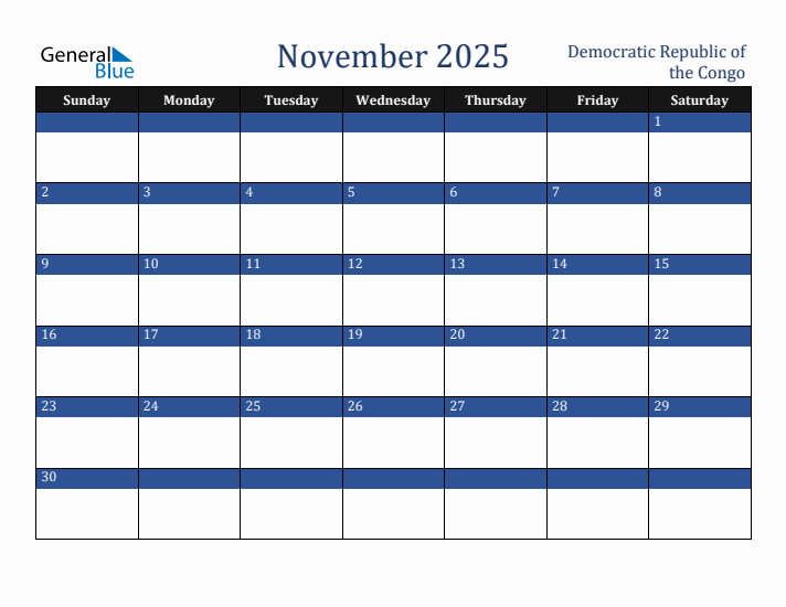 November 2025 Democratic Republic of the Congo Calendar (Sunday Start)