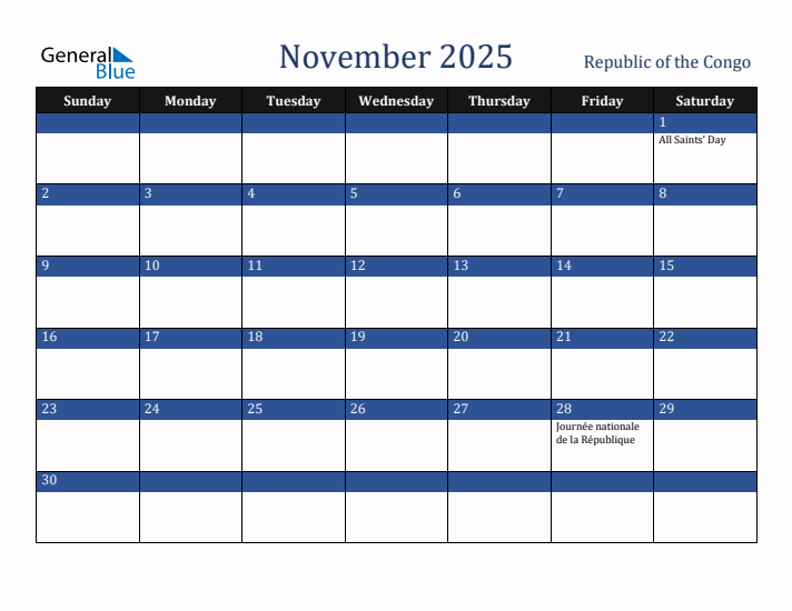 November 2025 Republic of the Congo Calendar (Sunday Start)
