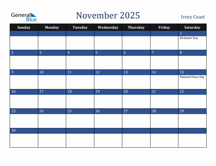 November 2025 Ivory Coast Calendar (Sunday Start)