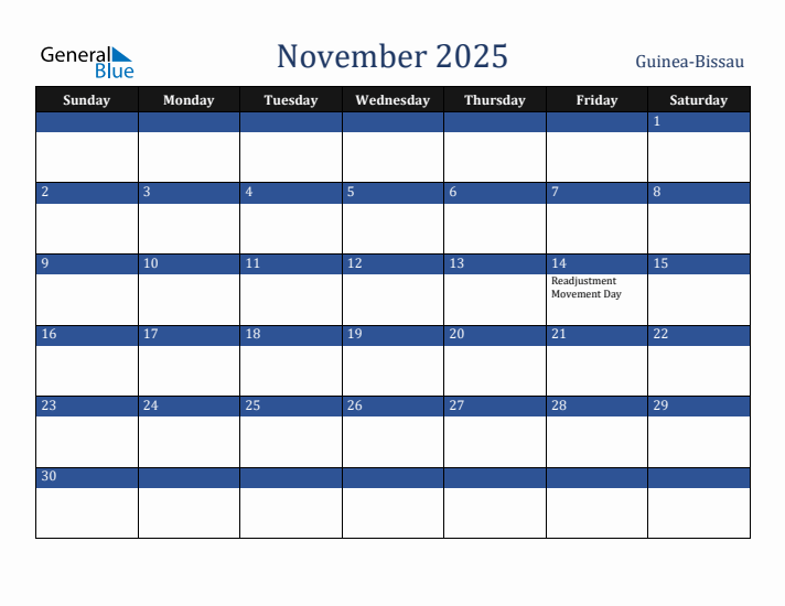 November 2025 Guinea-Bissau Calendar (Sunday Start)
