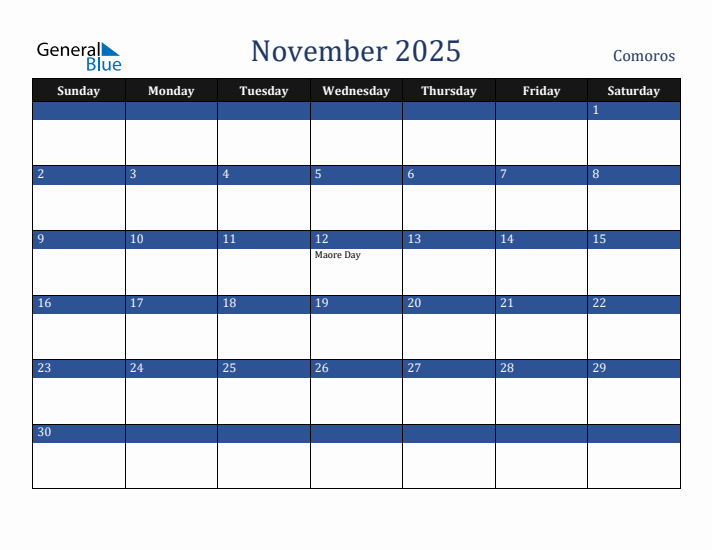 November 2025 Comoros Calendar (Sunday Start)