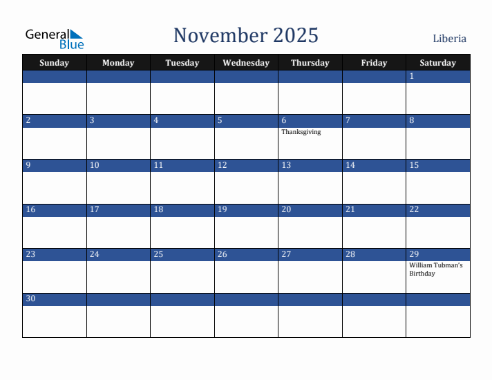 November 2025 Liberia Calendar (Sunday Start)