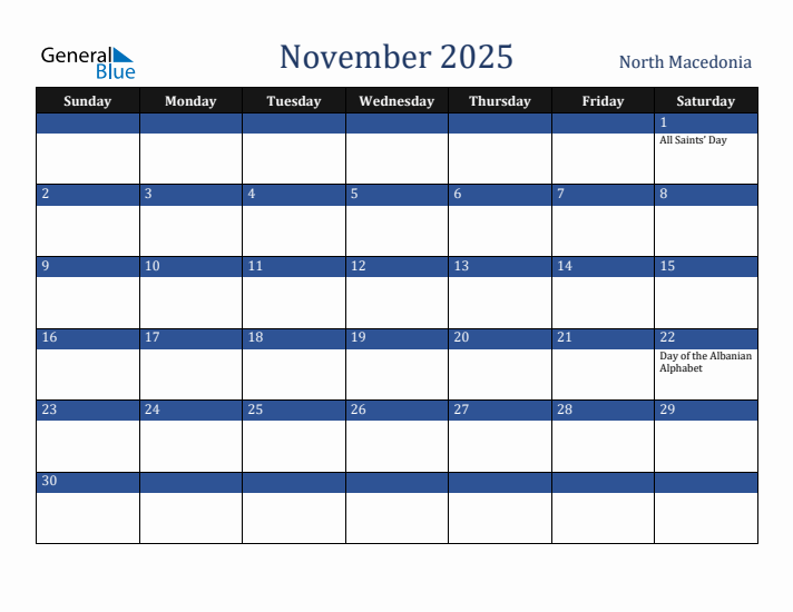 November 2025 North Macedonia Calendar (Sunday Start)