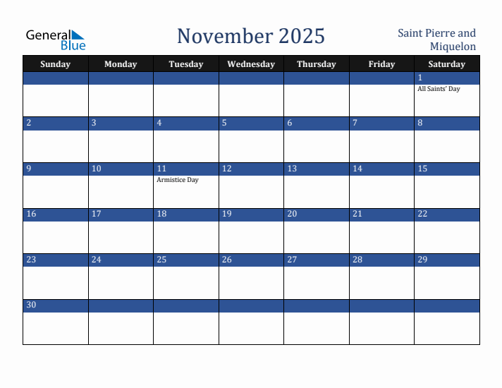 November 2025 Saint Pierre and Miquelon Calendar (Sunday Start)