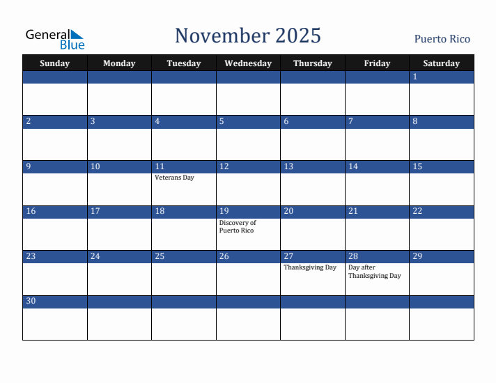 November 2025 Puerto Rico Calendar (Sunday Start)