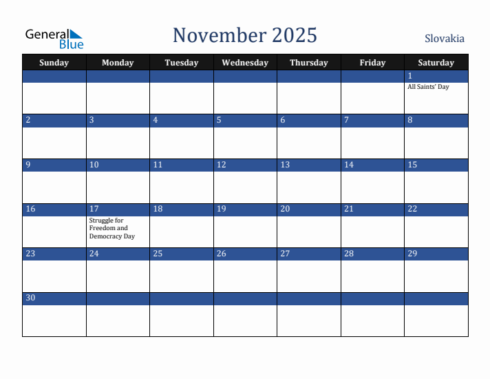 November 2025 Slovakia Calendar (Sunday Start)