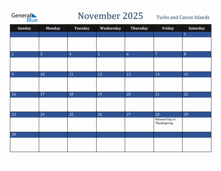 November 2025 Turks and Caicos Islands Calendar (Sunday Start)
