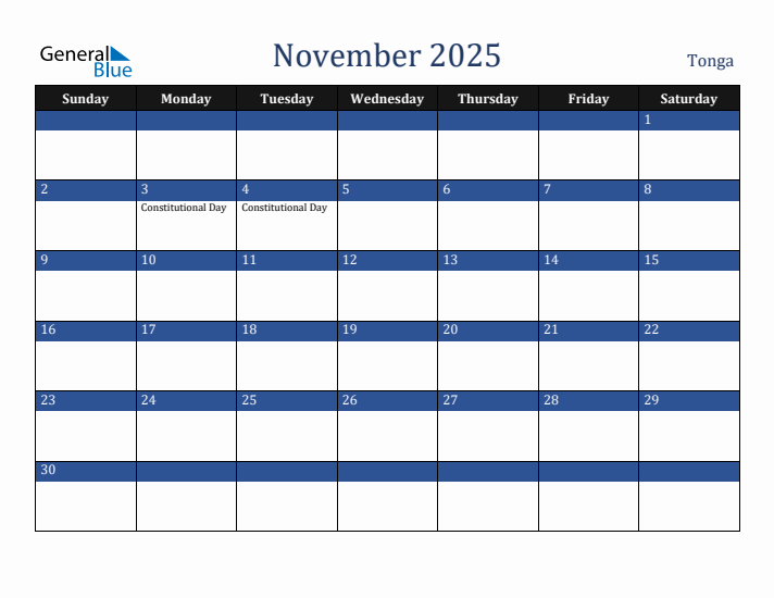 November 2025 Tonga Calendar (Sunday Start)