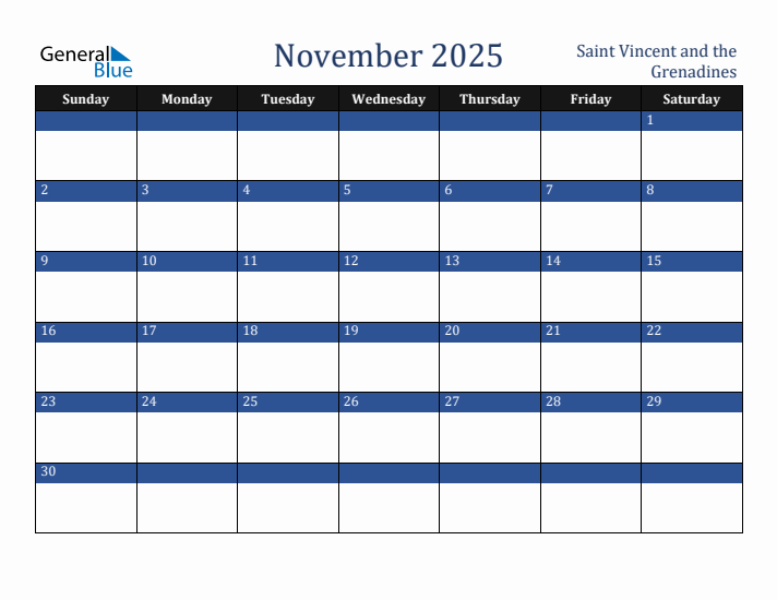 November 2025 Saint Vincent and the Grenadines Calendar (Sunday Start)