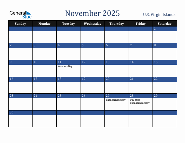 November 2025 U.S. Virgin Islands Calendar (Sunday Start)