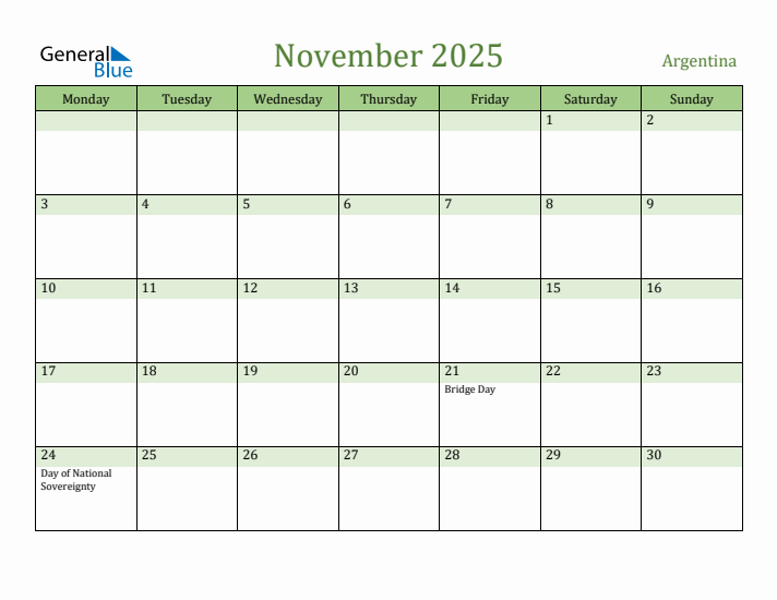 November 2025 Calendar with Argentina Holidays
