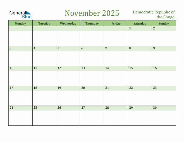 November 2025 Calendar with Democratic Republic of the Congo Holidays
