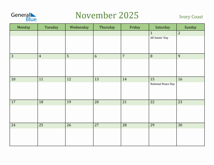 November 2025 Calendar with Ivory Coast Holidays