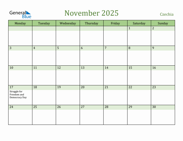 November 2025 Calendar with Czechia Holidays