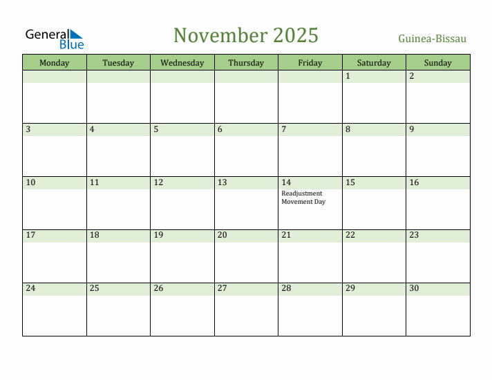 November 2025 Calendar with Guinea-Bissau Holidays