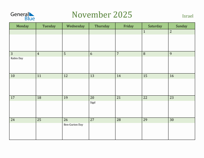 November 2025 Calendar with Israel Holidays