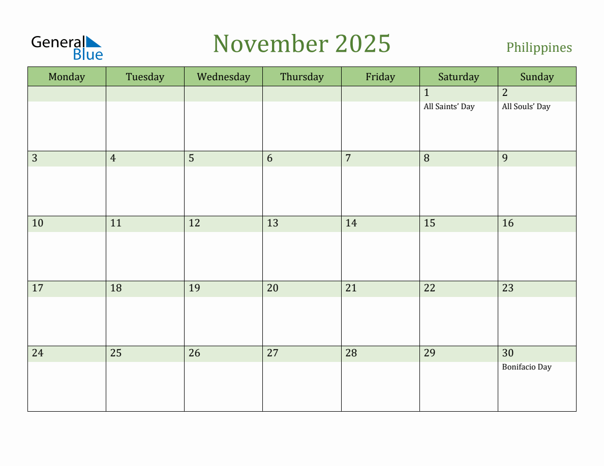 Fillable Holiday Calendar for Philippines - November 2025 (Monday Start)