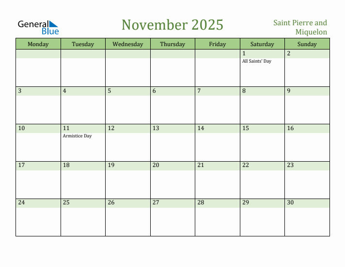November 2025 Calendar with Saint Pierre and Miquelon Holidays