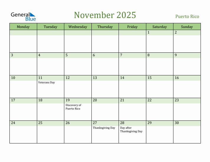 November 2025 Calendar with Puerto Rico Holidays