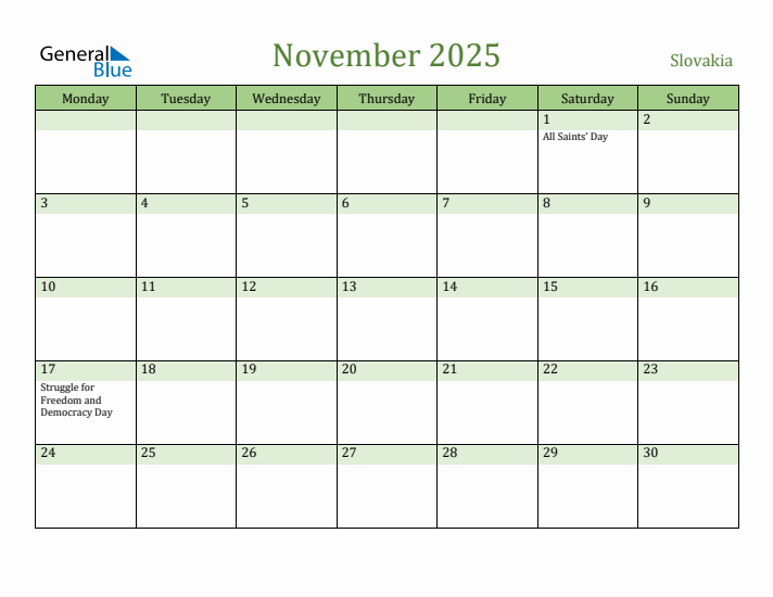 November 2025 Calendar with Slovakia Holidays