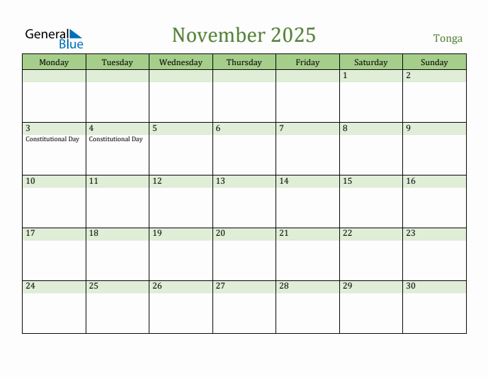 November 2025 Calendar with Tonga Holidays