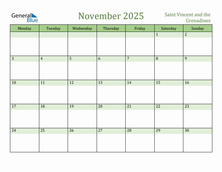 November 2025 Calendar with Saint Vincent and the Grenadines Holidays