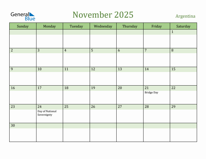 November 2025 Calendar with Argentina Holidays